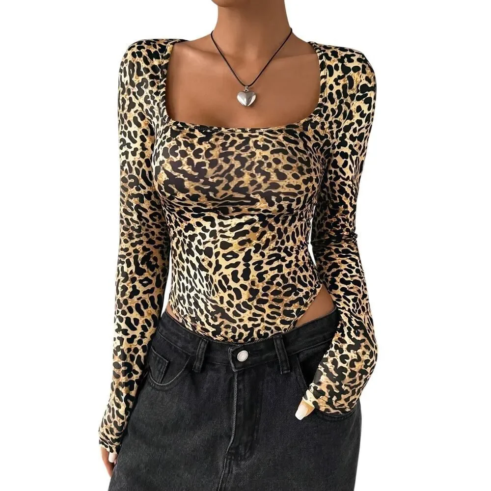 Leopard Print Long Sleeve Bodysuit Beige Brown | Sexy Animal Print Top Size S - Picture 10 of 10
